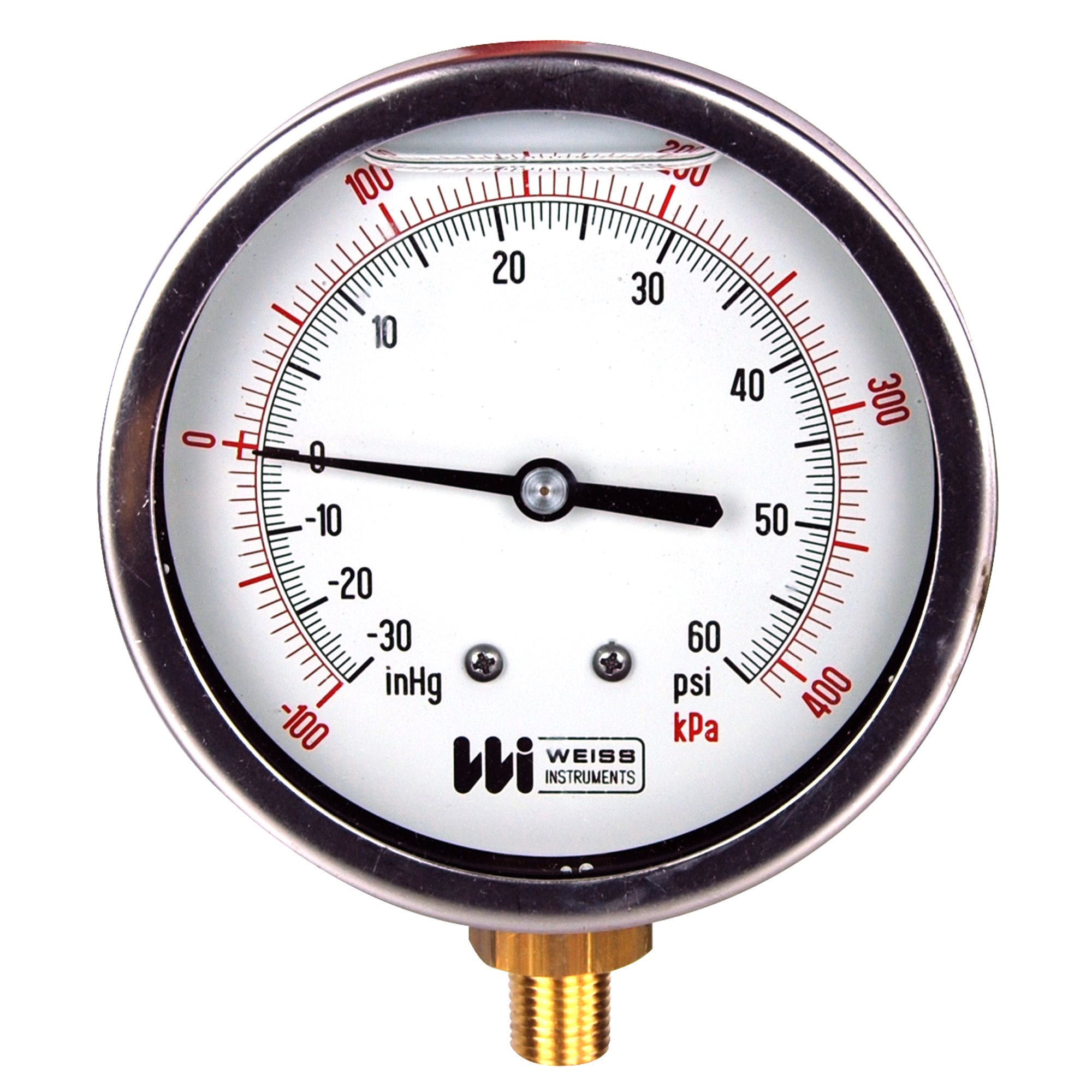 Weiss Liquid Filled Compound Gauge, 4" Bronze Case, 30" HG to 60 PSI