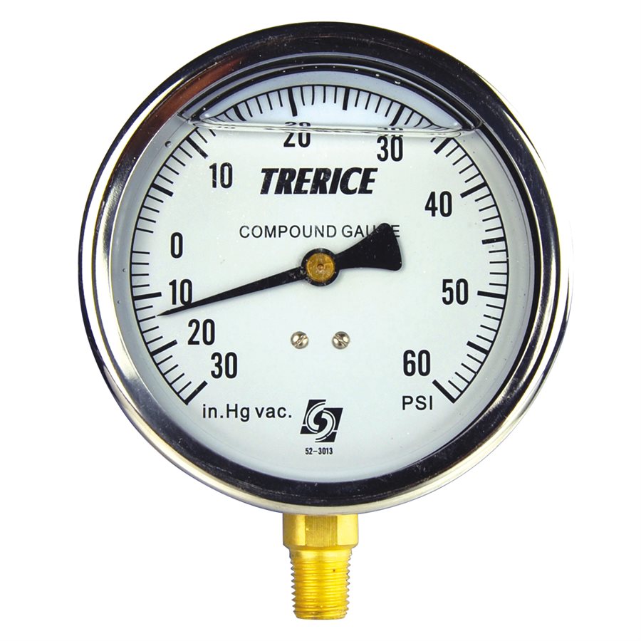 Trerice Liquid Filled Compound Gauge, 4", 30" Hg to 60 PSI
